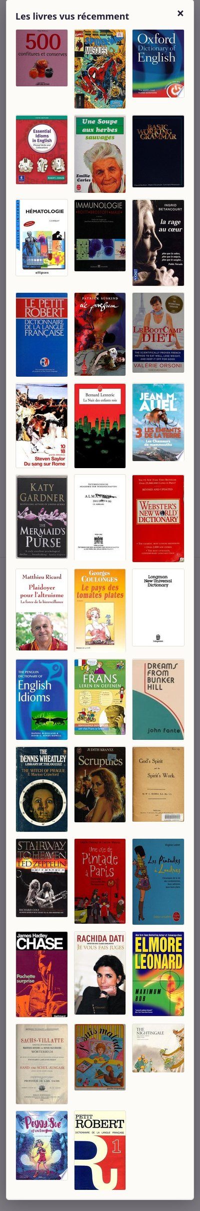 La grille des couvertures d’une boîte à livres sur un téléphone : les albums disponibles, qui défilent